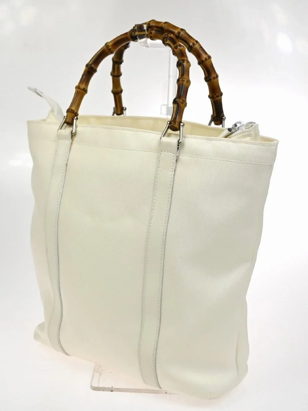 GUCCI Logo Bamboo Tote Handbag Nylon Patent Leather White SHW Italy 66KC967 - Picture 4 of 16
